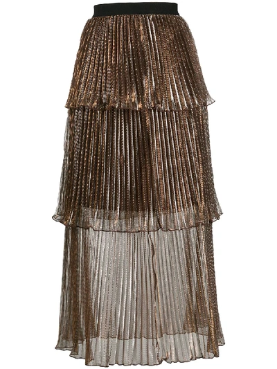 Shop Self-portrait Metallic Tiered Pleated Skirt In Brown