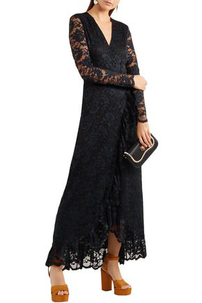 Ganni Flynn Ruffle-trimmed Lace Maxi Wrap Dress In Black | ModeSens