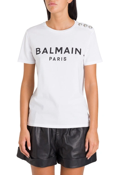 Shop Balmain Logo Tee With Buttons In White
