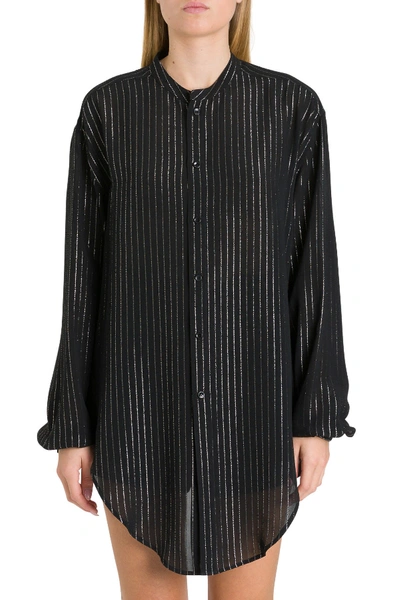 Shop Saint Laurent Overisized Shirt With Silver Stripes Motif In Black