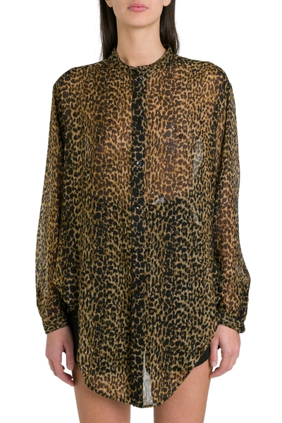 Shop Saint Laurent Oversized Tie-up Shirt In Leopard-print Wool Etamine In Brown