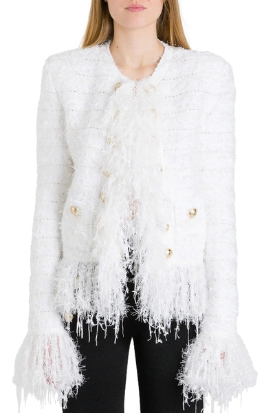 Shop Balmain Fringed Double-breasted Tweed Jacket In White