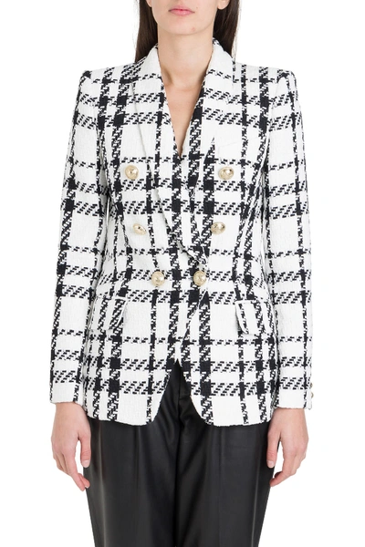 Shop Balmain Double-breatsed Check Tweed Blazer In White/black