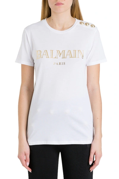 Shop Balmain Logo Tee With Embossed Buttons In White