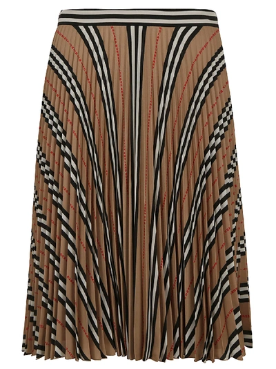 Shop Burberry Pleated Detail Striped Print Skirt In Beige