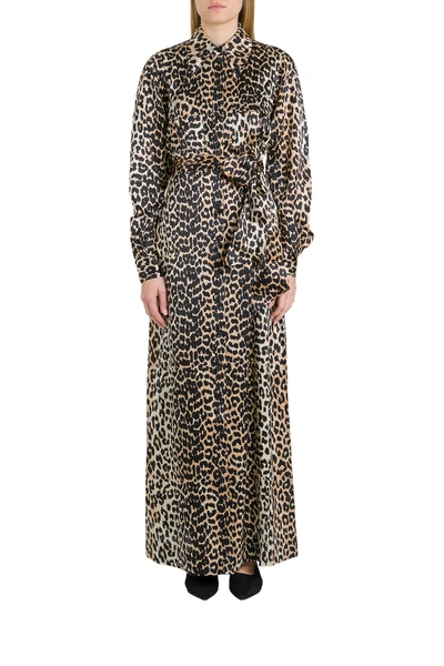 Shop Ganni Pinafore Dress In Leopard Silk In Beige