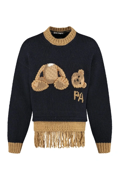 Shop Palm Angels Fringed Wool Sweater In Blue