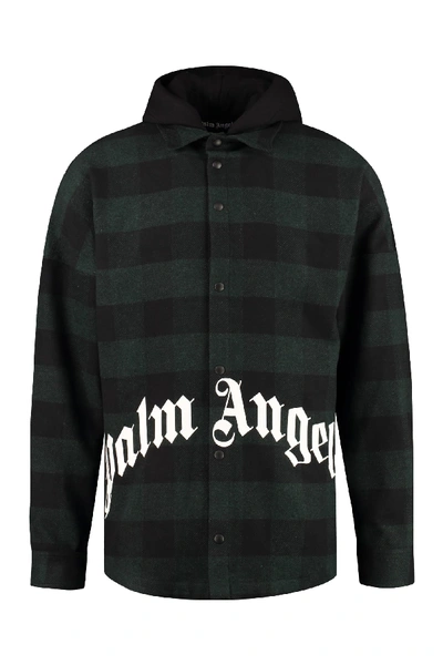 Shop Palm Angels Hooded Plaid Overshirt In Green
