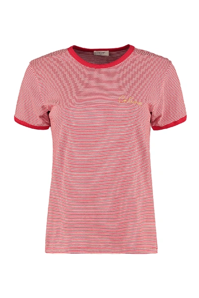 Shop Celine Striped Crewneck T-shirt In Red