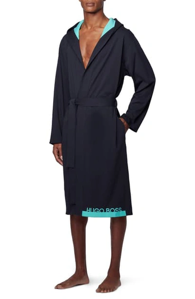 Shop Hugo Boss Identity Hooded Robe In Open Blue