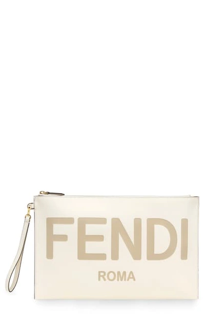 Shop Fendi Logo Zip Leather Wristlet In White