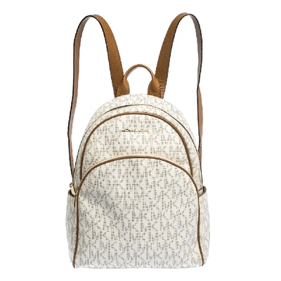 Pre-owned Michael Kors Michael  Cream/tan Coated Canvas And Leather Large Abbey Backpack