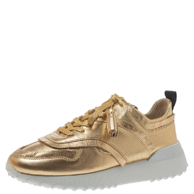Pre-owned Tod's Metallic Gold Perforated Leather Tassel Lace Low Top Sneakers Size 39