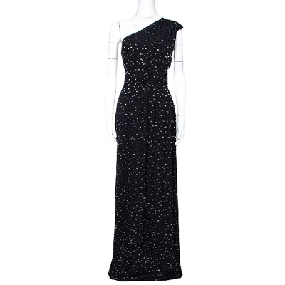 Pre-owned Fendi Black Textured Silk Metallic Speckled Effect One Shoulder Maxi Dress M