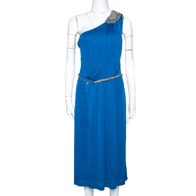 Pre-owned Fendi Blue Draped Jersey Embellished Shoulder Detail Belted Dress M