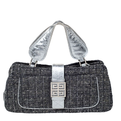 Pre-owned Givenchy Grey Tweed And Leather Logo Plague Flap Satchel