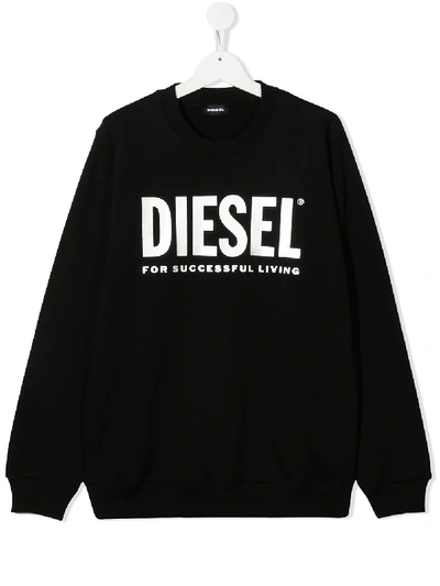 Shop Diesel Teen Logo Print Round Neck Sweatshirt In Black