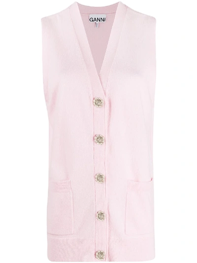 Shop Ganni Sleeveless Cashmere Cardigan In Pink