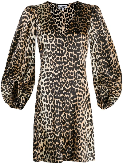 Shop Ganni Leopard Print Mini Dress In Brown