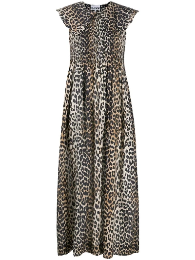 Shop Ganni Leopard Print Midi Dress In Brown