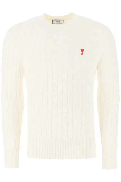 Shop Ami Alexandre Mattiussi Cable Knit Sweater With Ami De Coeur Patch In White