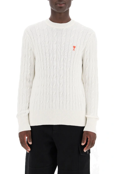 Shop Ami Alexandre Mattiussi Cable Knit Sweater With Ami De Coeur Patch In White