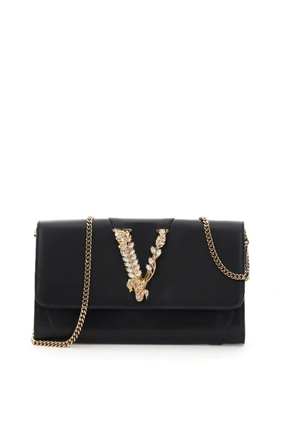 Shop Versace Chain Virtus Strass Bag In Black