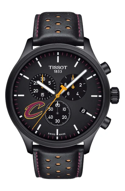 Shop Tissot Chrono Xl Nba Leather Strap Watch, 45mm In Black/ Burgundy