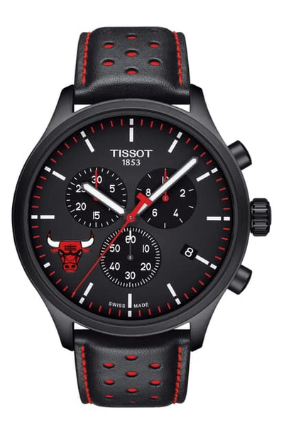 Shop Tissot Chrono Xl Nba Leather Strap Watch, 45mm In Black/ Red