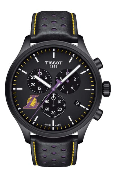 Shop Tissot Chrono Xl Nba Leather Strap Watch, 45mm In Black/ Purple/ Yellow