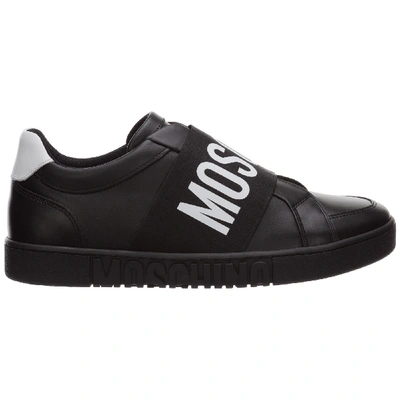 Shop Moschino Men's Shoes Leather Trainers Sneakers Logo In Black