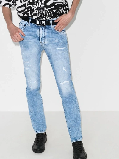 Shop Dsquared2 Distressed Straight Leg Jeans In Blue