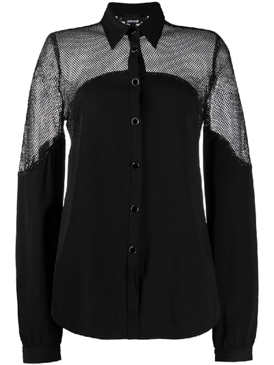 Shop Just Cavalli Mesh Panel Long Sleeve Shirt In Black