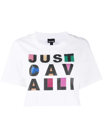 Shop Just Cavalli Cotton Logo Print Cropped T-shirt In White