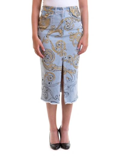 Shop Versace Jeans Couture Patterned Denim Pencil Skirt In Light Blue