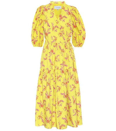 Shop Les Rêveries Floral Cotton Poplin Midi Dress In Yellow