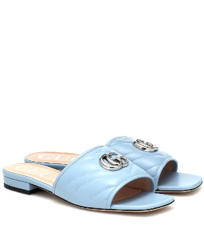 Shop Gucci Double G Leather Slides In Blue