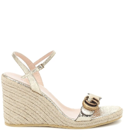 Shop Gucci Double G Leather Espadrille Wedges In Gold