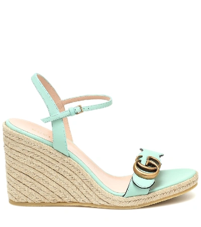Shop Gucci Double G Leather Espadrille Wedges In Green
