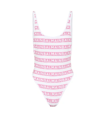 Shop Balmain Printed Swimsuit In Pink