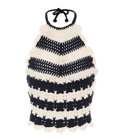 Shop Gucci Striped Wool-crochet Halterneck Top In Blue