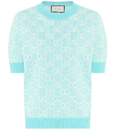 Shop Gucci Gg Wool And Cotton Piqué Sweater In Blue