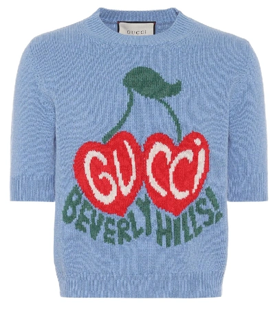 Shop Gucci Intarsia Cropped Wool Sweater In Blue