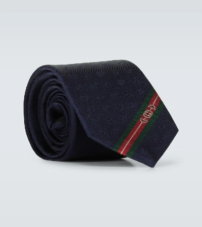 Shop Gucci Double G And Horsebit Jacquard Silk Tie In Blue