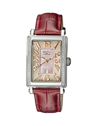 Shop Gevril Mezzo Rectangle Stainless Steel Diamond Leather Strap Watch