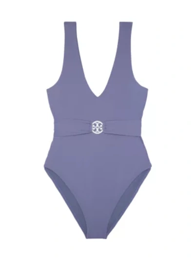 Shop Tory Burch Women's Miller Plunge Belted One-piece Swimsuit In Eclipse