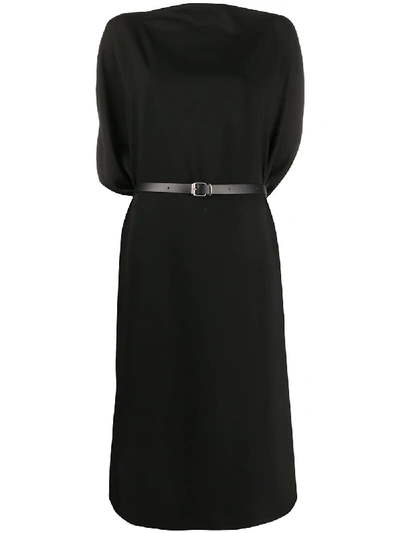 Shop Mm6 Maison Margiela Belted Draped Sleeves Midi Dress In Black