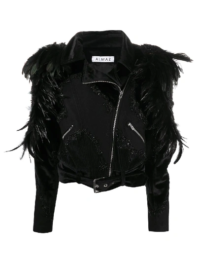 Shop Almaz Feather-embellished Fitted Jacket In Black