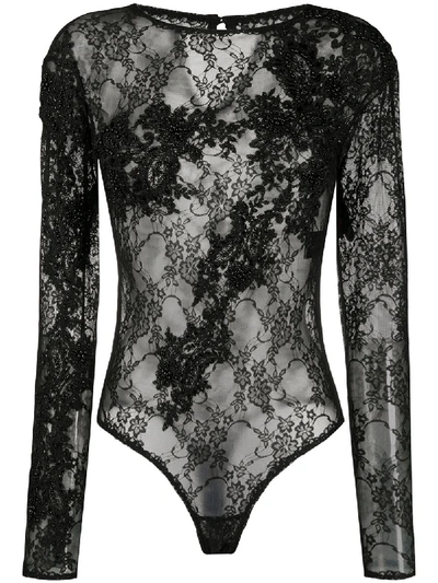 Shop Almaz Sheer Floral-lace Bodysuit In Black