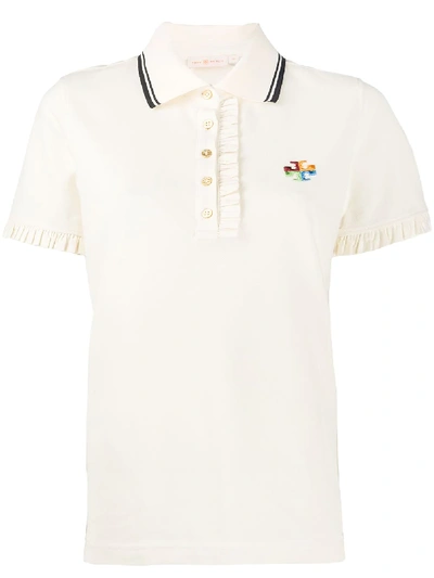 Shop Tory Burch Ruffle Trim Polo Shirt In Neutrals